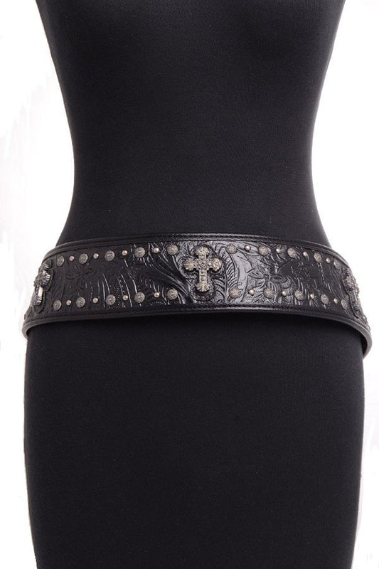 Tammy Rhinestone Studded Cross Leather Wide Belt