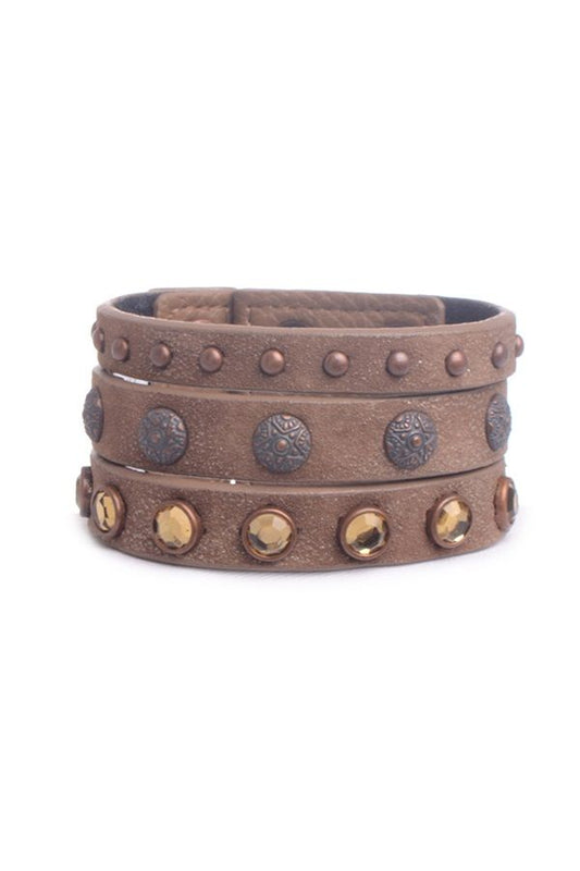 Nala Rhinestone Studded Metal Leather Cuff